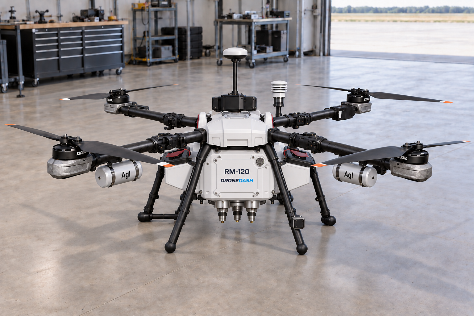 RM-120 DroneDash RainMaker concept with a modular payload enclosure in a workshop