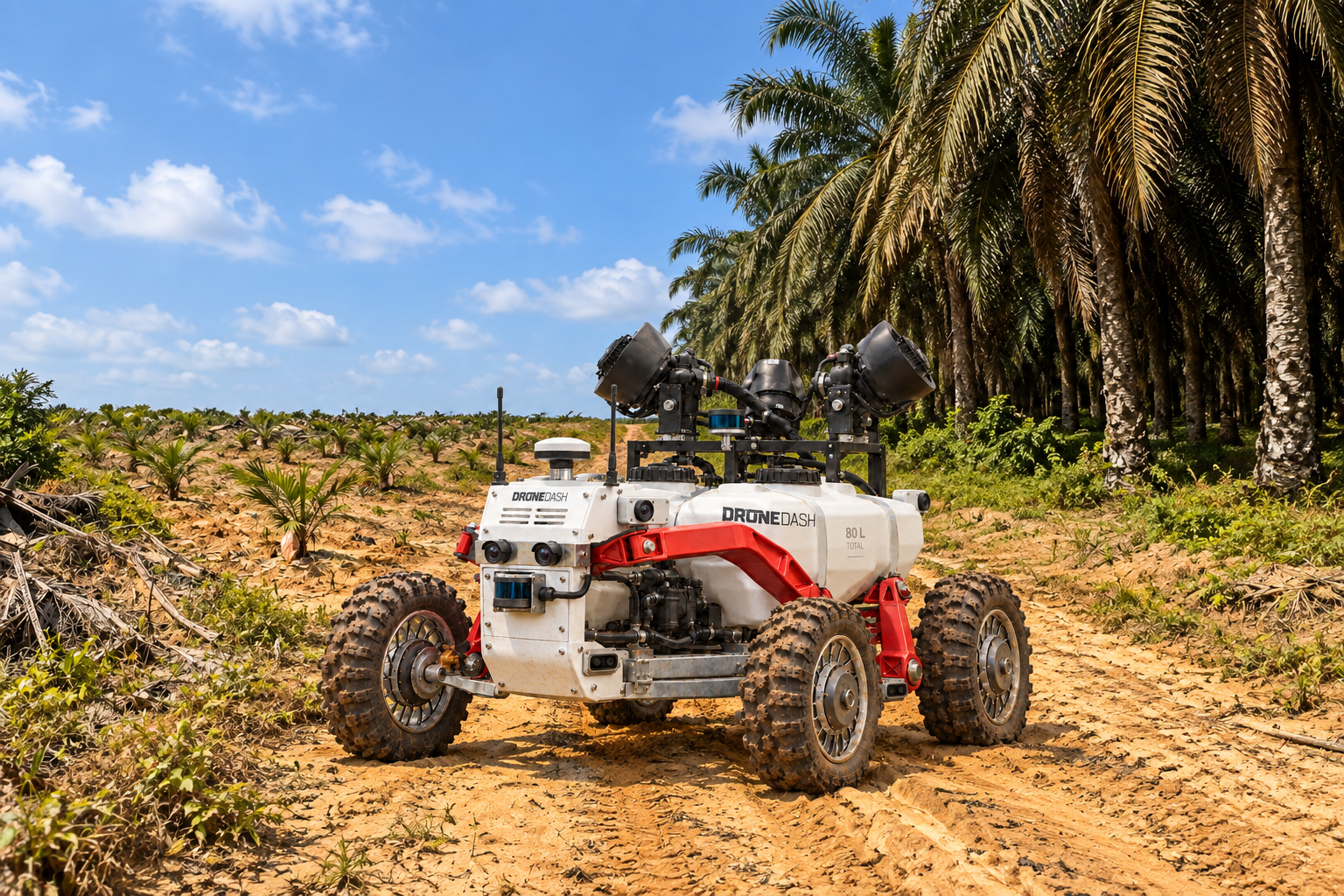 DroneDash all-terrain spraying AGV concept on a rutted palm plantation track