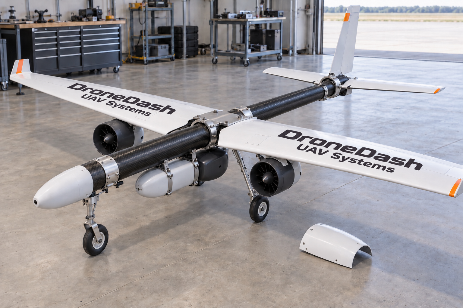 DroneDash UAV Systems fixed-wing unmanned aircraft in an engineering hangar