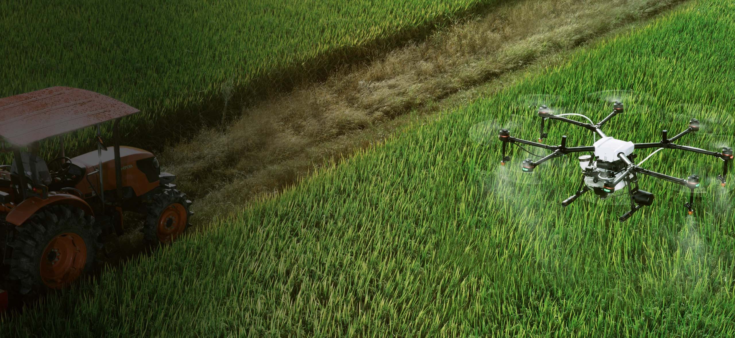 DroneDash agricultural drone operating above plantation rows